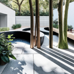 A peaceful Mid-Century Modern courtyard with a central water feature, surrounded by minimalist landscaping, sculptural plants, and a seamless connection to the interior living spaces | LOCATION TYPE: Mid-Century Modern courtyard | TAGS: architecture, Mid-Century Modern, courtyard, minimalist landscaping, sculptural plants, indoor-outdoor integration